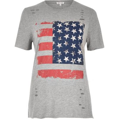 Grey stud flag print T-shirt